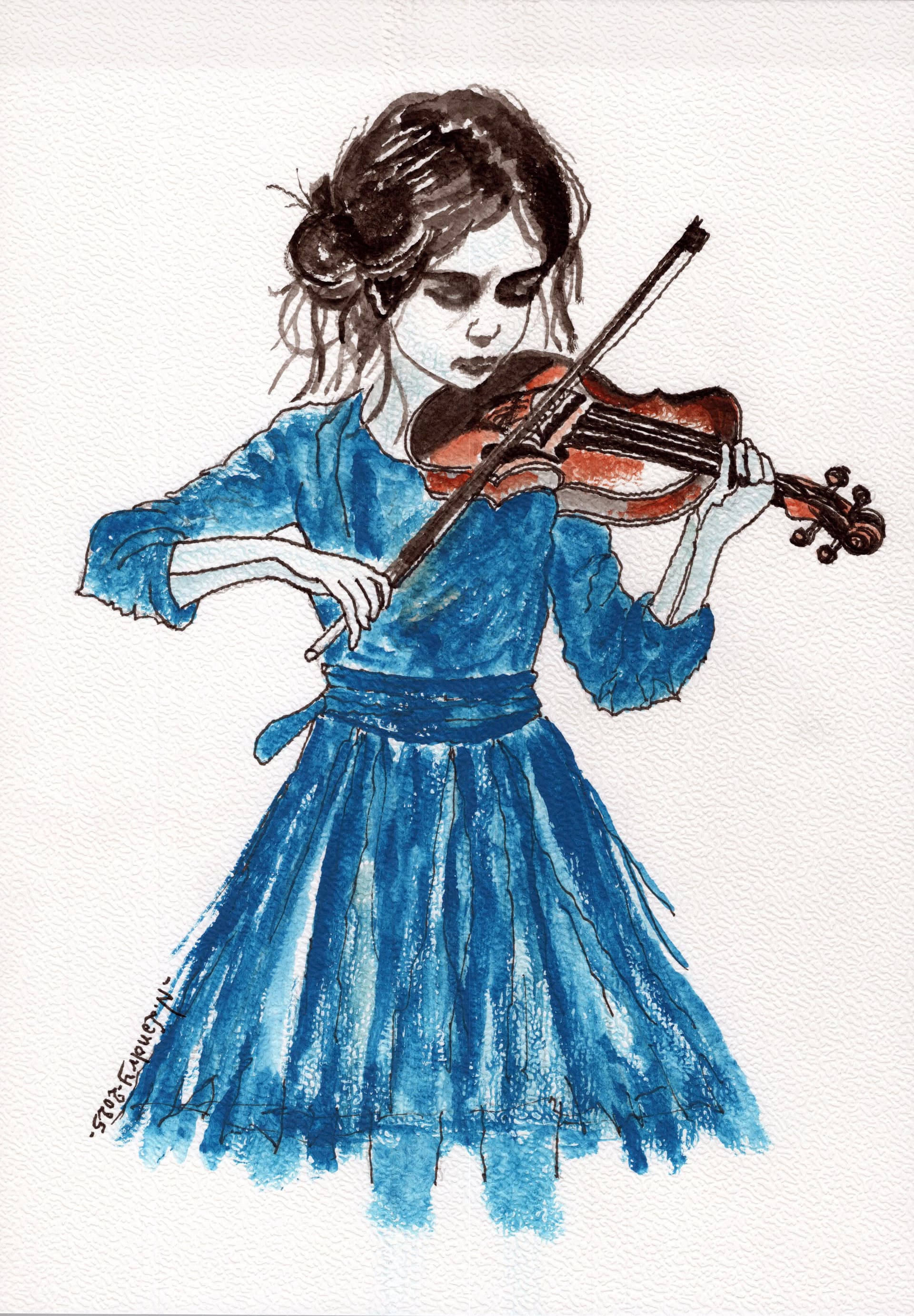 Girl in Blue Dress Playing Violin