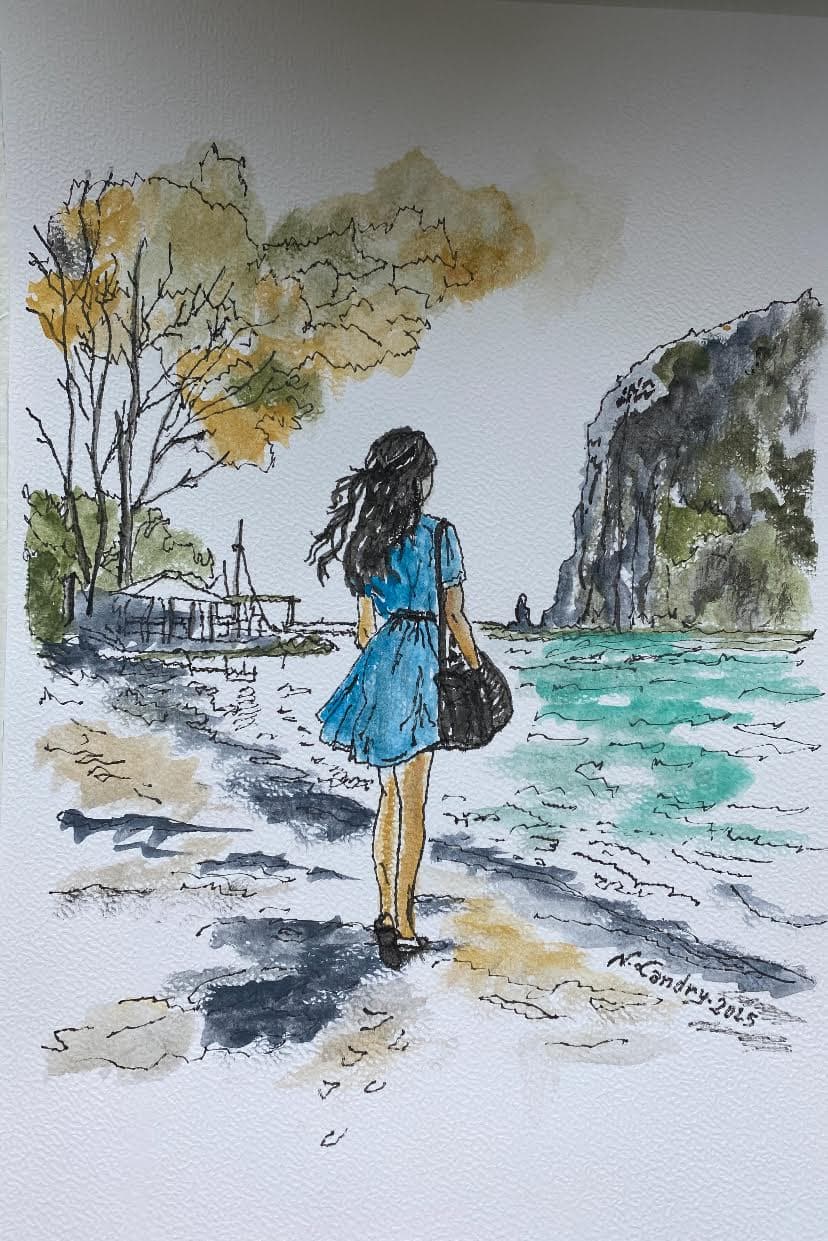 Woman in Blue Dress at Tropical Beach