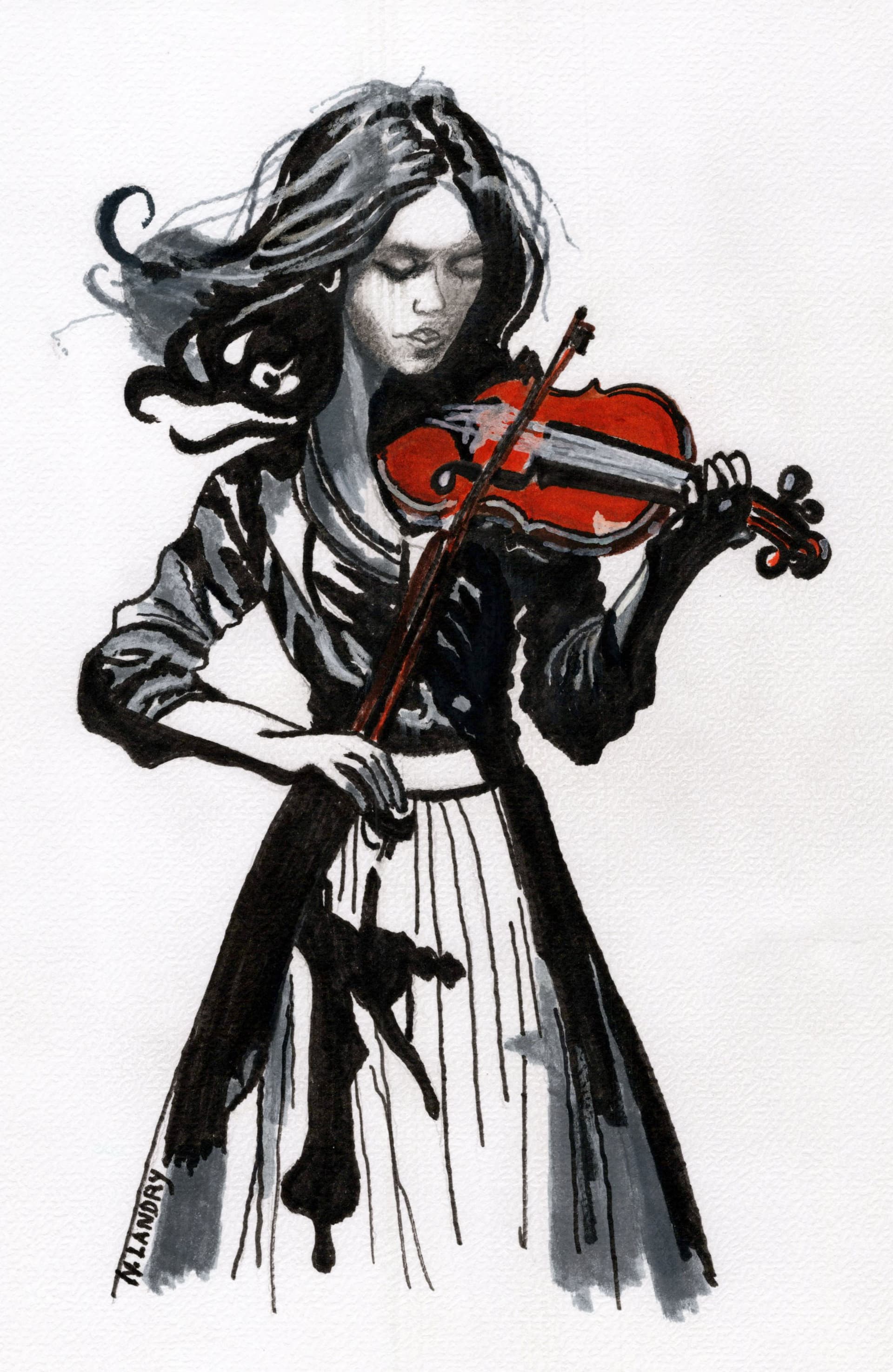 Woman with Violin in Black Dress