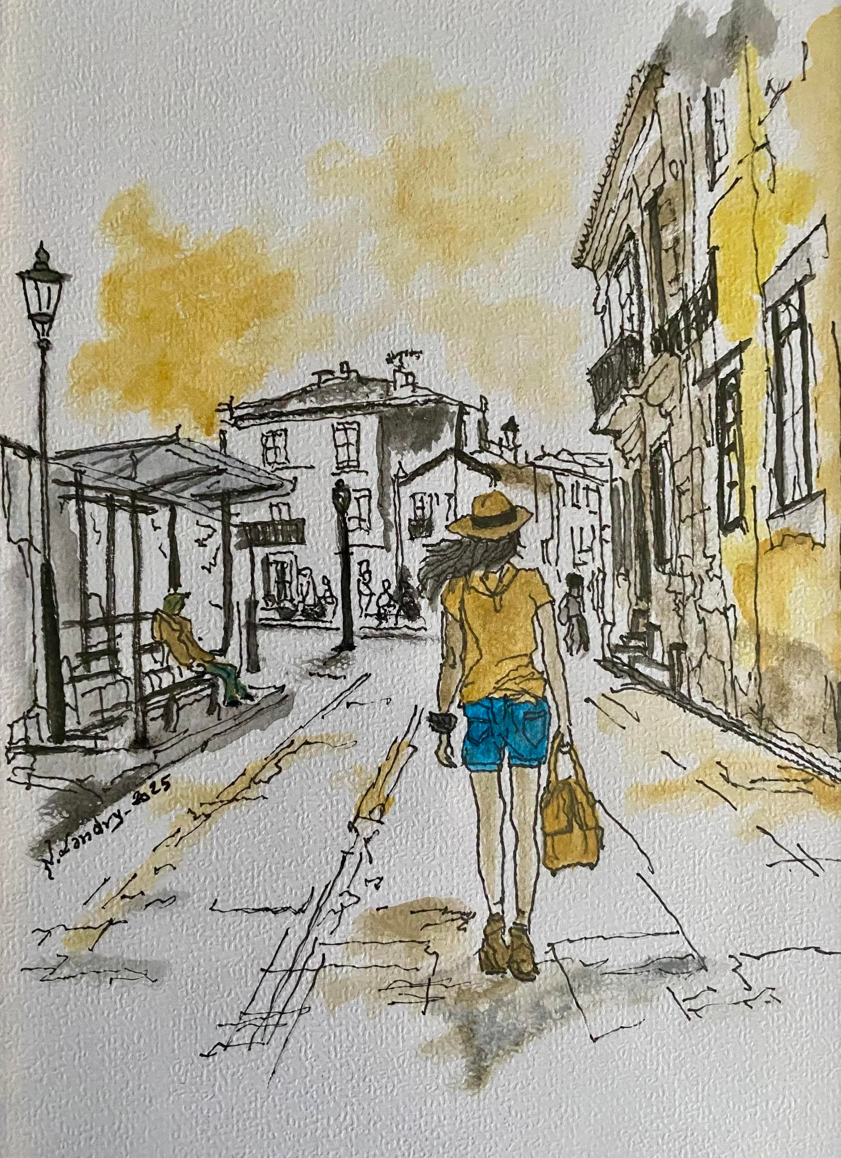 Woman in Yellow Shirt on European Street