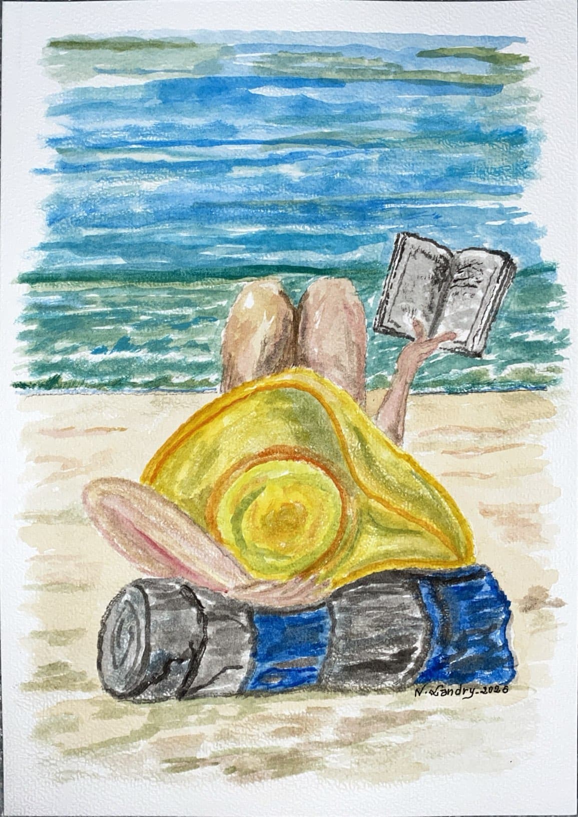 Beach Reading under a Yellow Hat