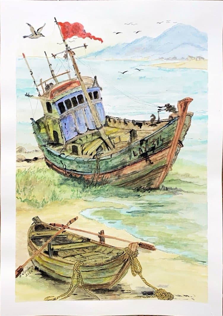 Fishing Boat with a Red Flag