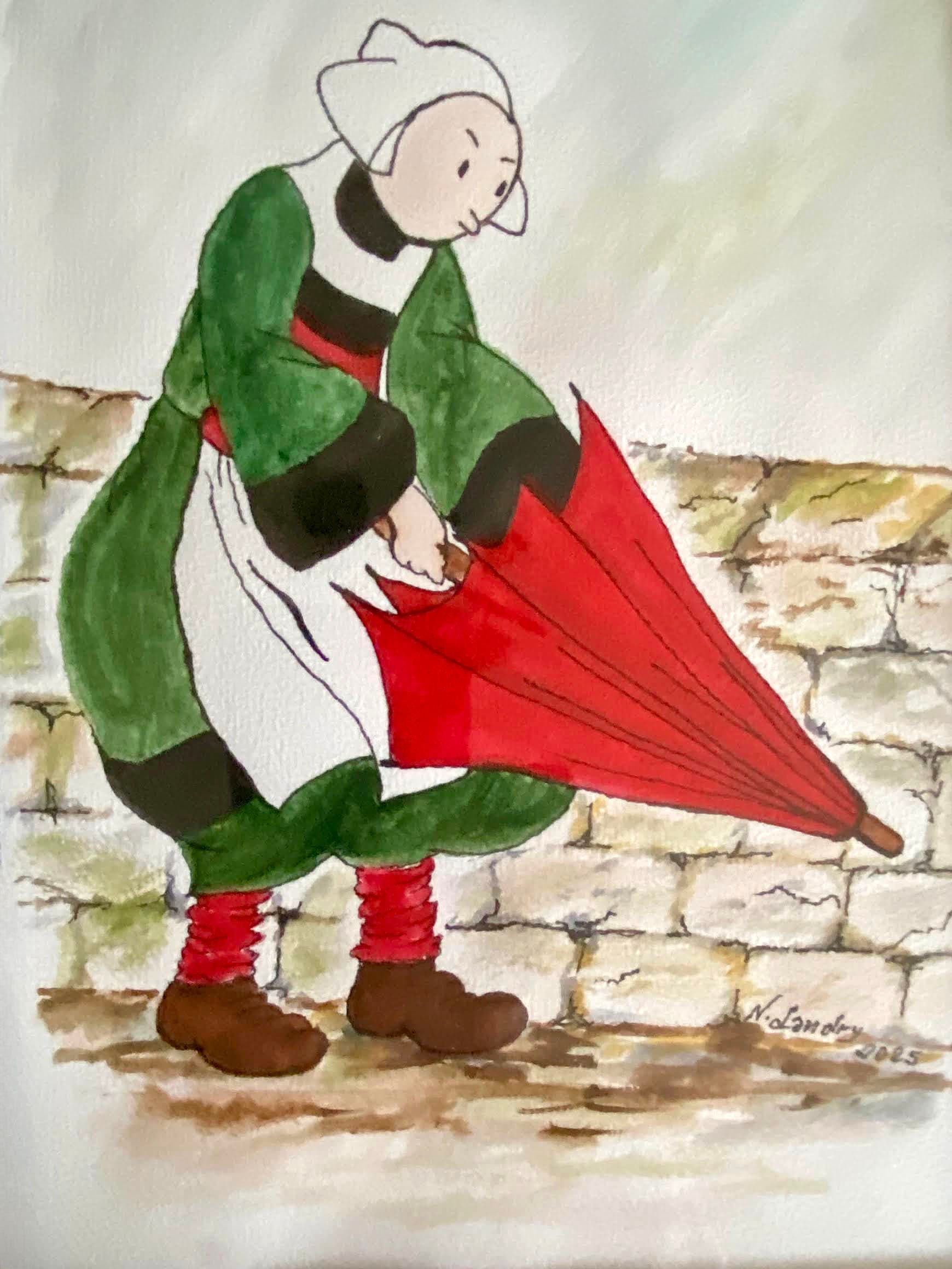 Bécassine with Red Umbrella by Wall