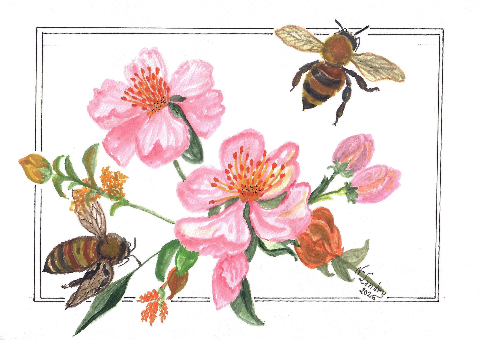 Abejas y Flores Rosadas