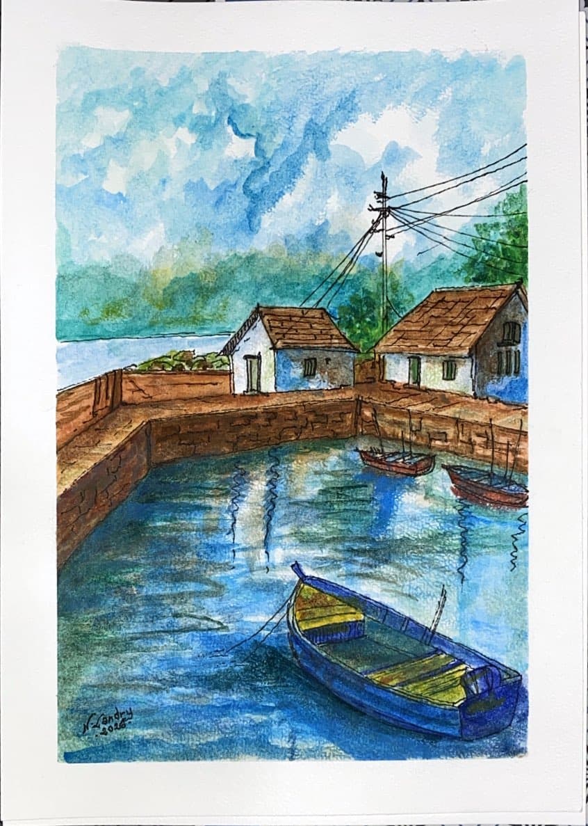 Blue Rowboat by the Harbor Cottages