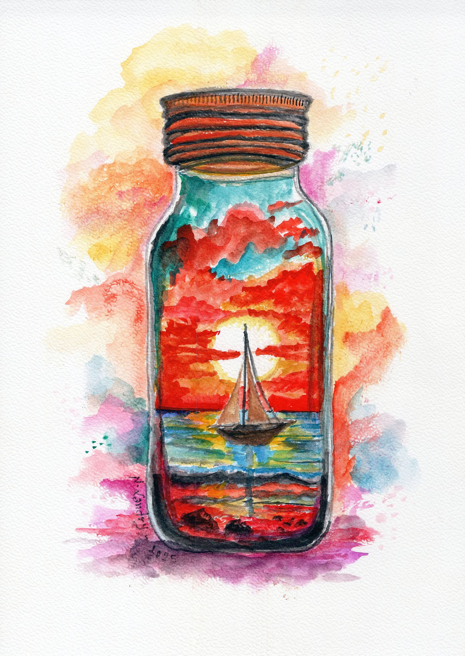 Sunset Bottle with Ship