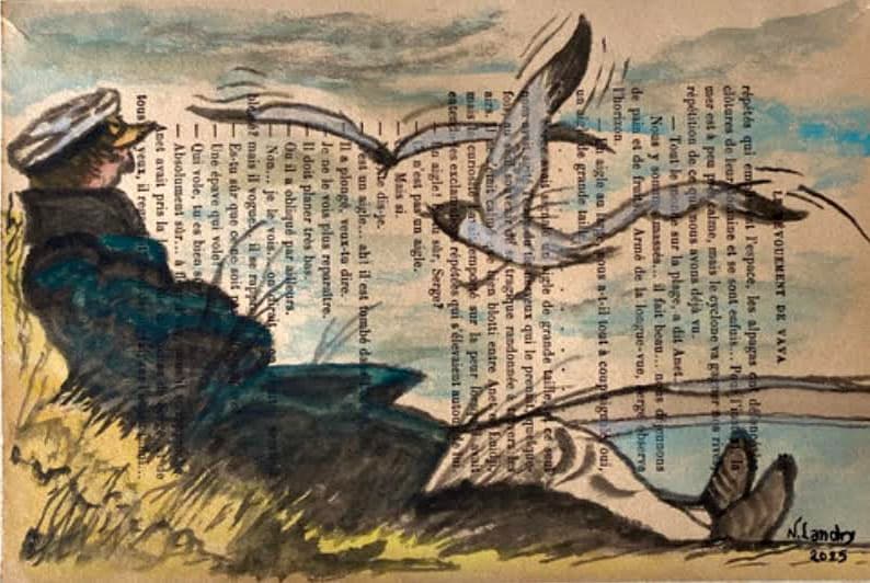 Sailor Sitting on Beach with Flying Seagulls on Book Page