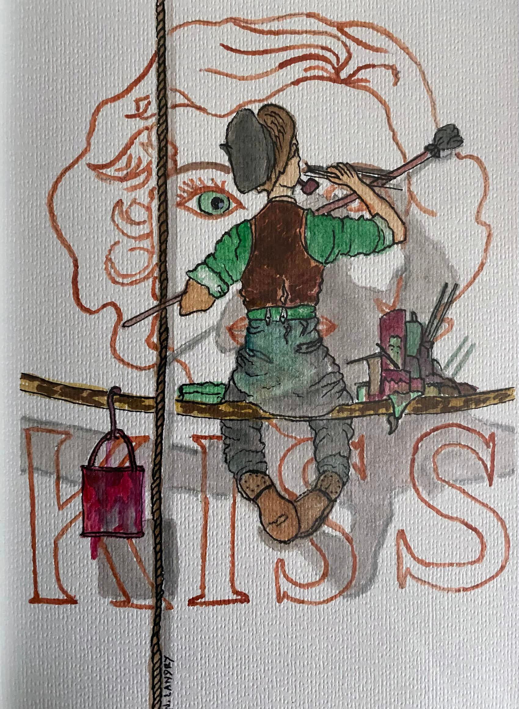 Boy Sitting on Plank Painting Woman's Face with Shadows on Wall