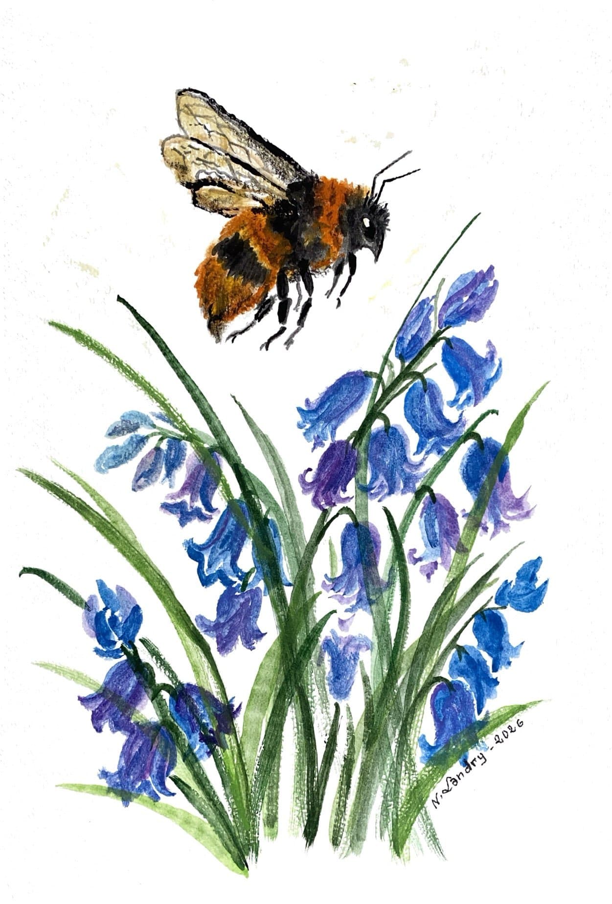 Bumblebee above Blue Bell-Shaped Flowers