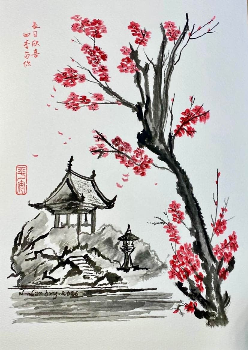 Cherry Blossoms by the Mountain Pavilion