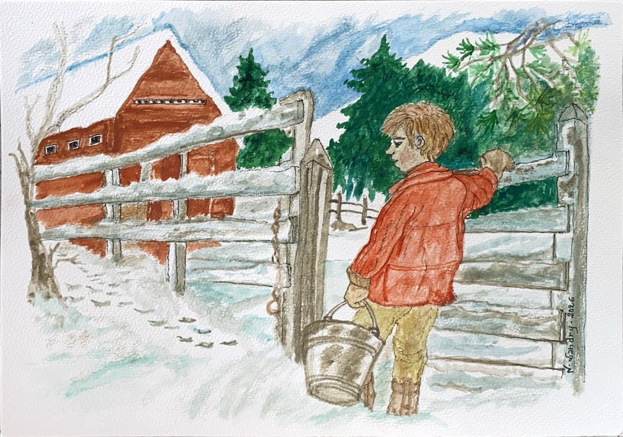 Child at a Snowy Farm Gate
