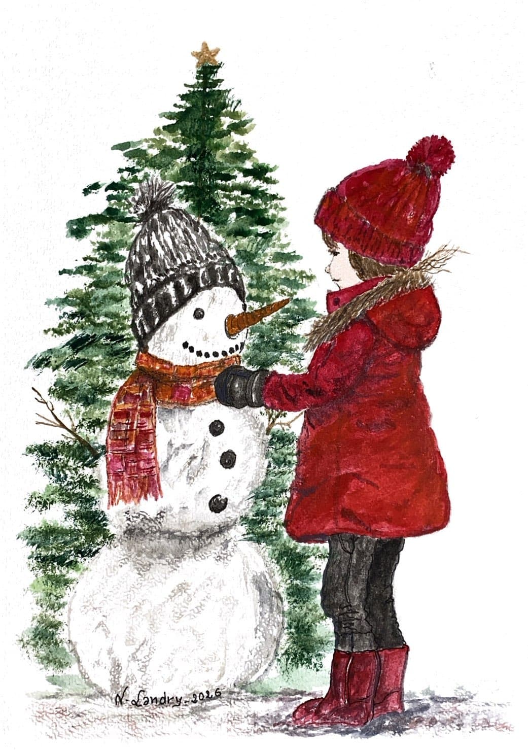Child Tending a Snowman's Scarf