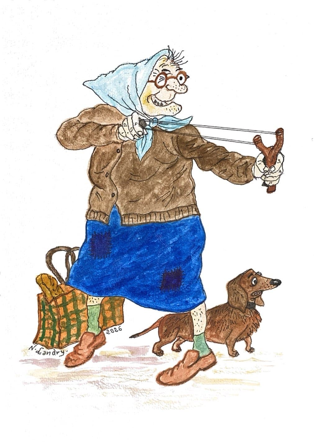 Woman with a Slingshot and Dog