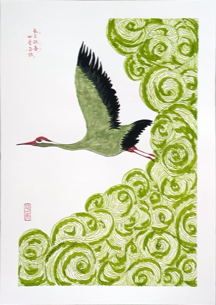 Crane among Green Spirals