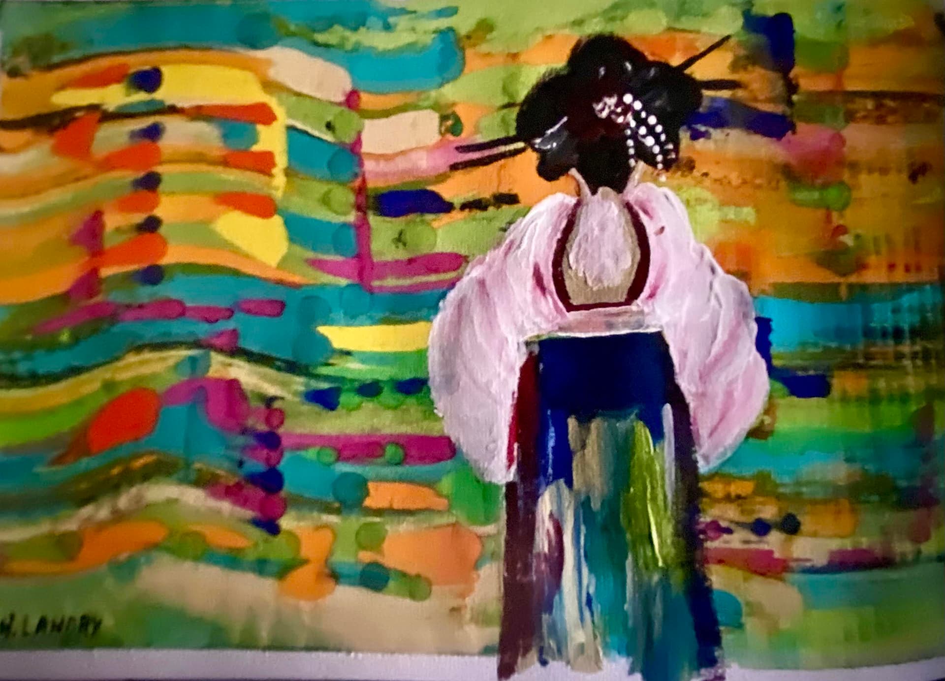 Geisha in Colorful Kimono Back View