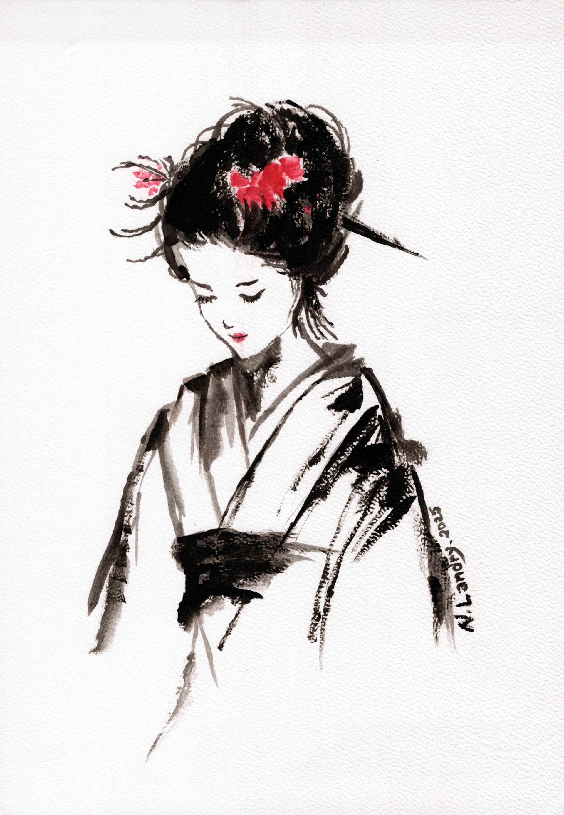 Geisha with Red Flower in Kimono