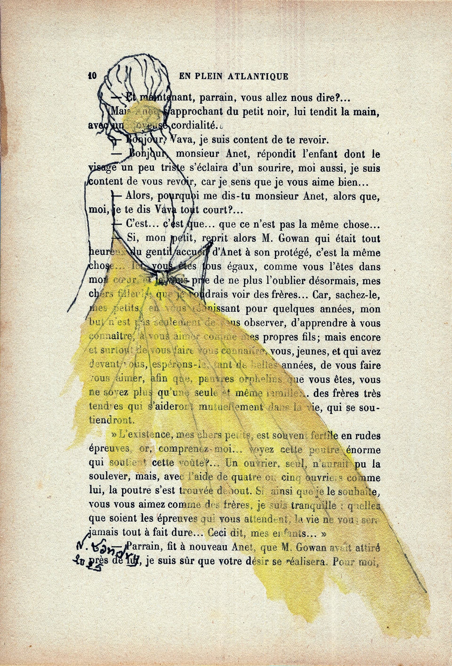 Watercolor Woman with Golden Yellow Skirt on Book Page