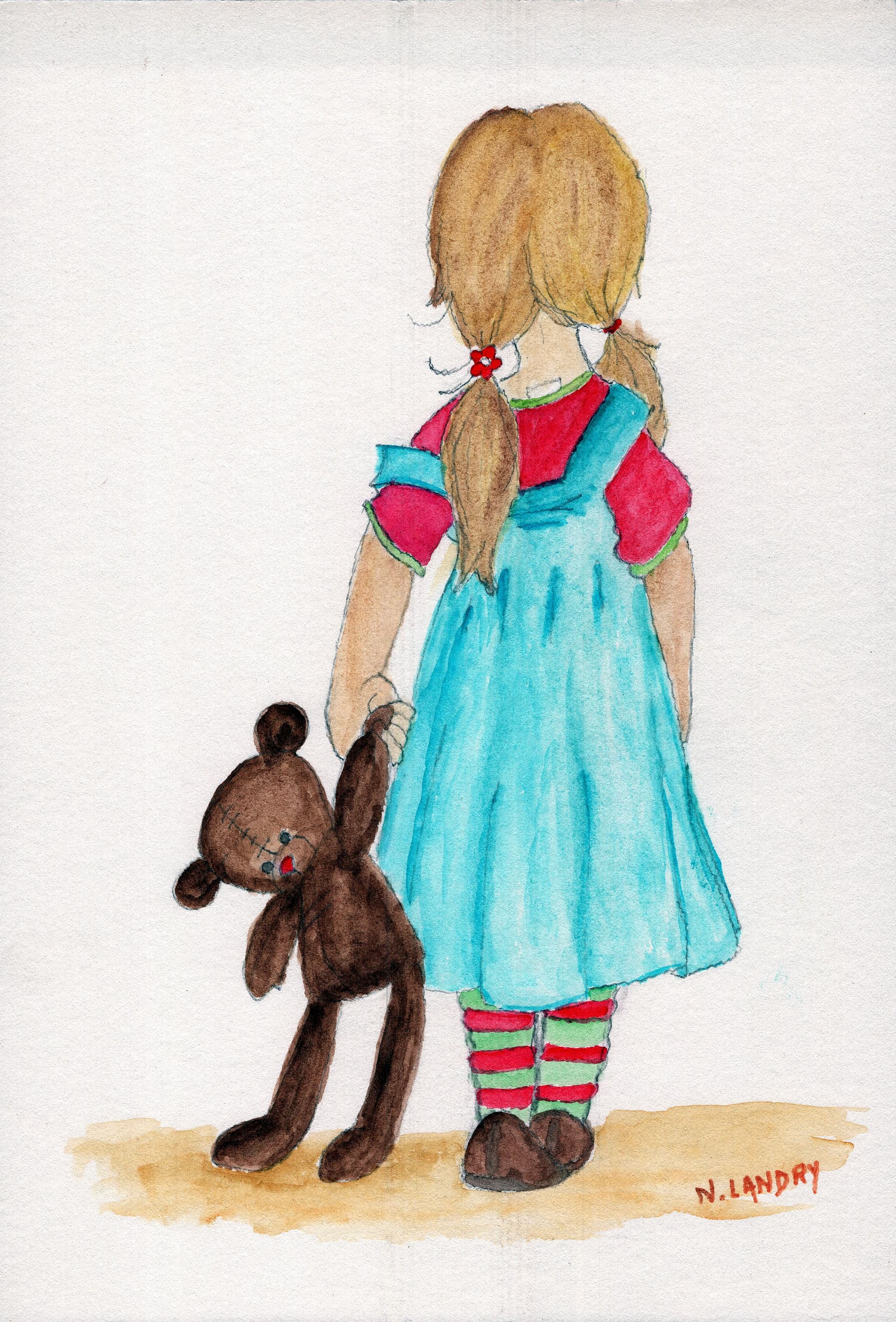Girl in Blue Dress with Teddy Bear