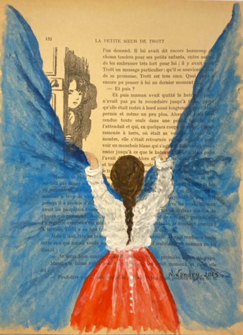 Girl with Blue Curtains and Red Skirt on Book Page
