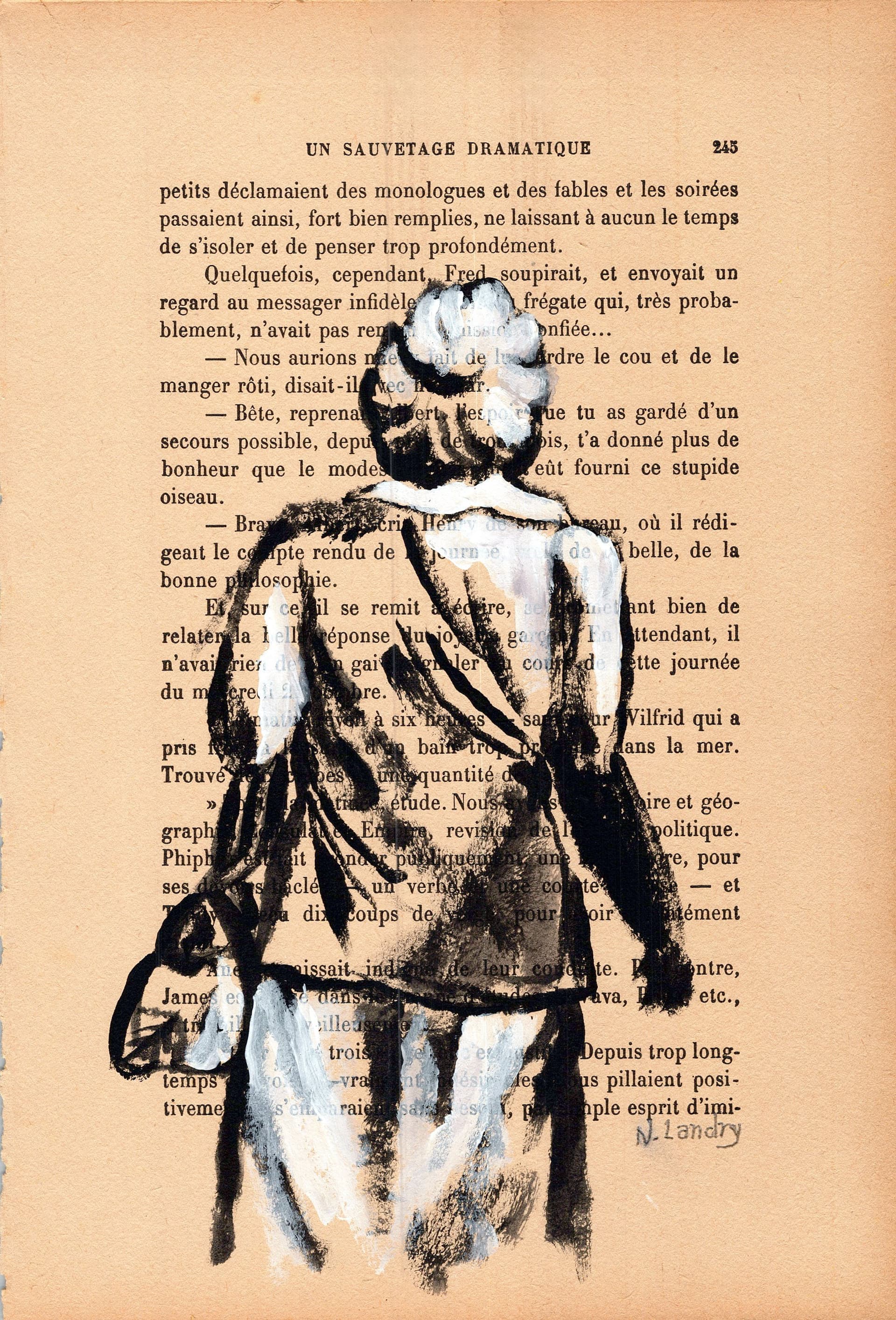 Girl in White Dress with Bag on Book Page