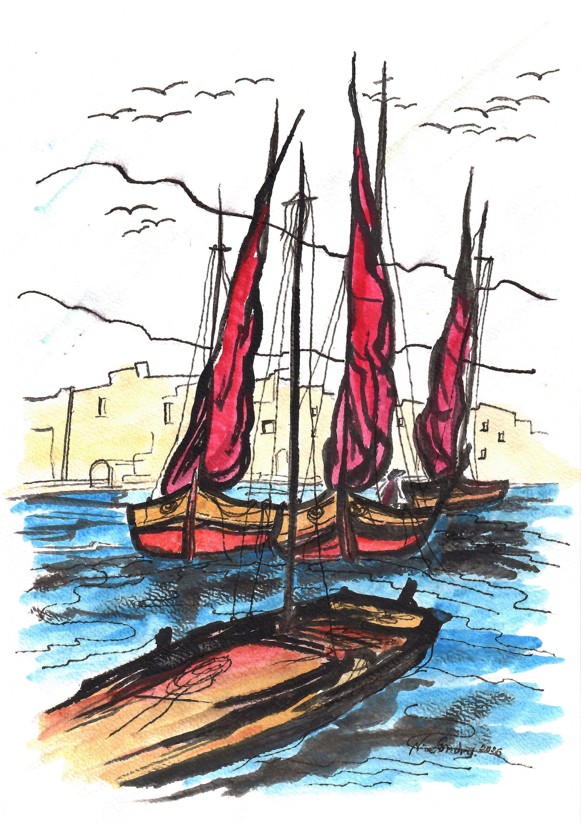 Harbor Boats with Red Sails