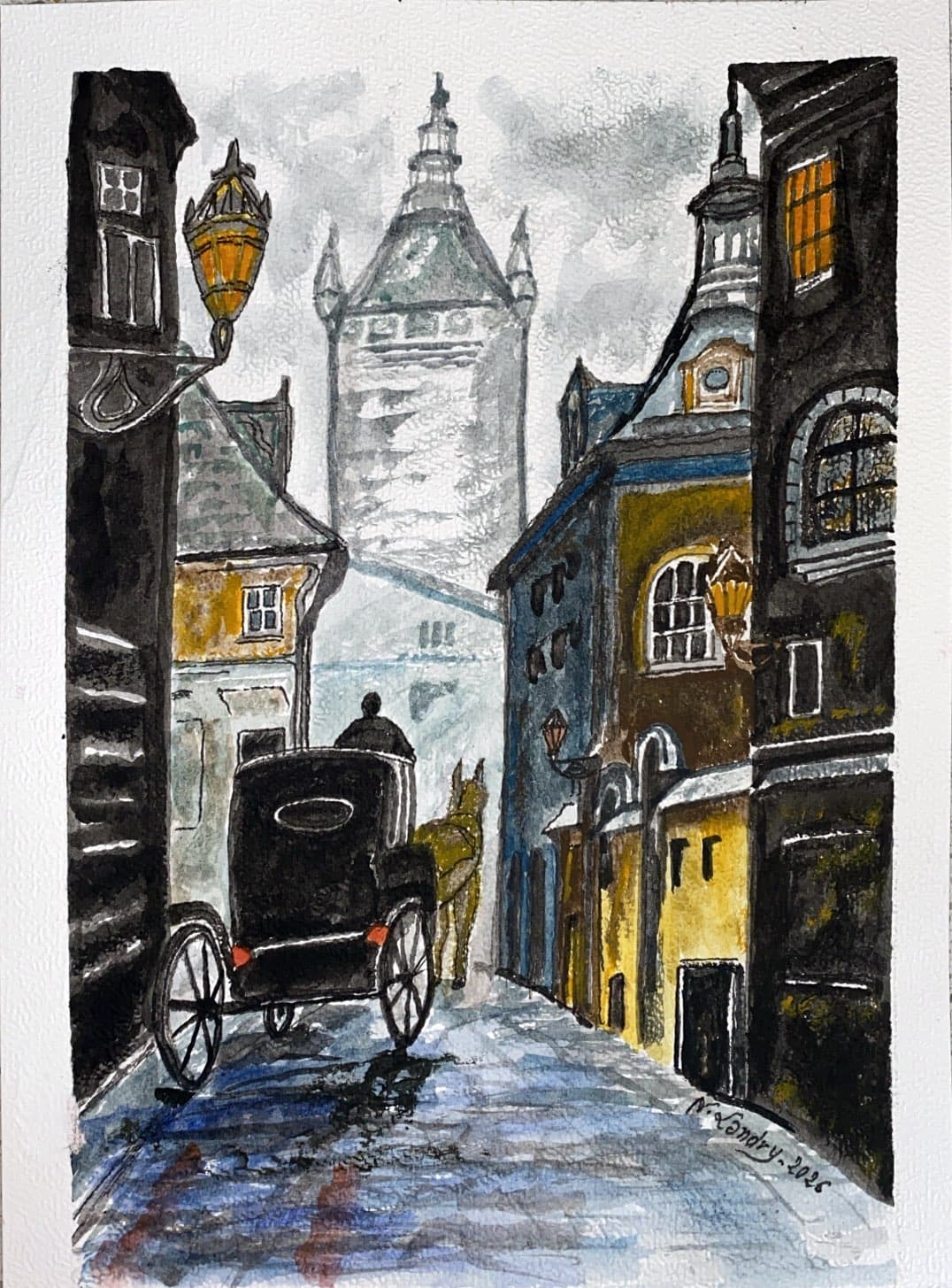 Carriage in a Lamplit Old Street