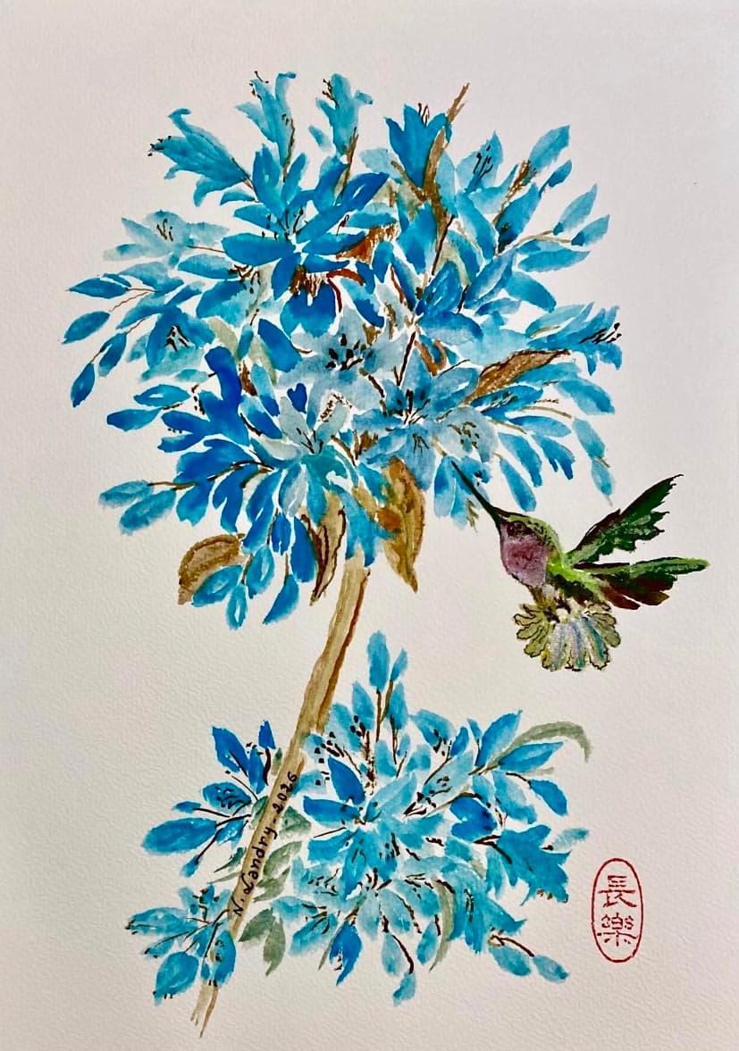 Hummingbird Among Blue Blossoms
