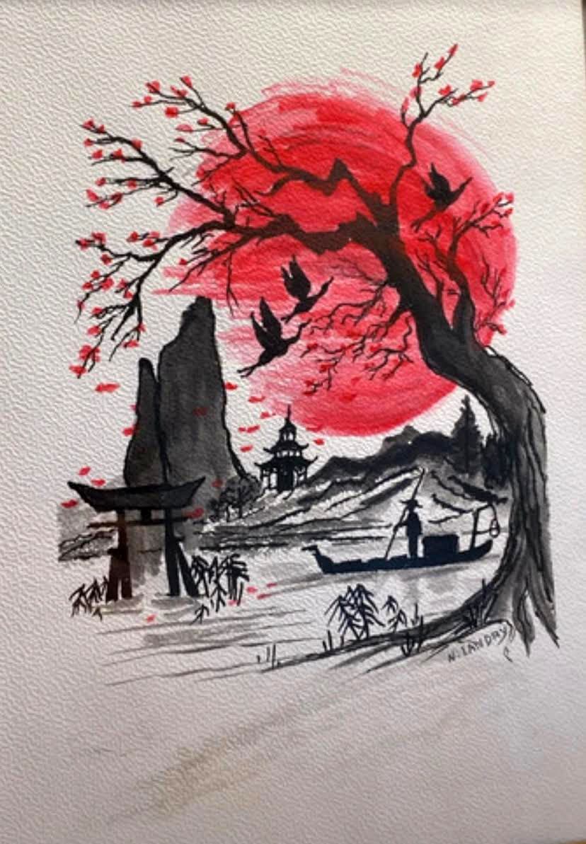 Temple et Cerisier sous Soleil Rouge