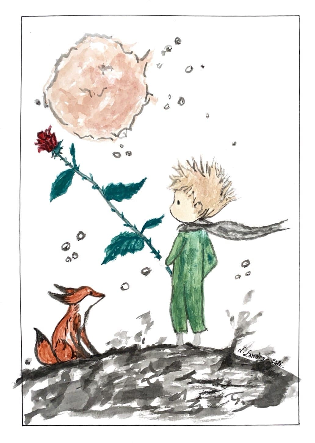 The Little Prince with a Fox and Rose