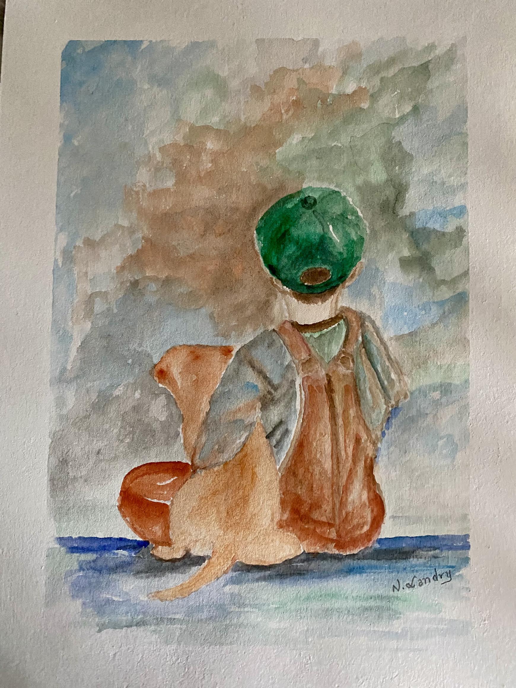 Boy in Overalls Sitting with Fox