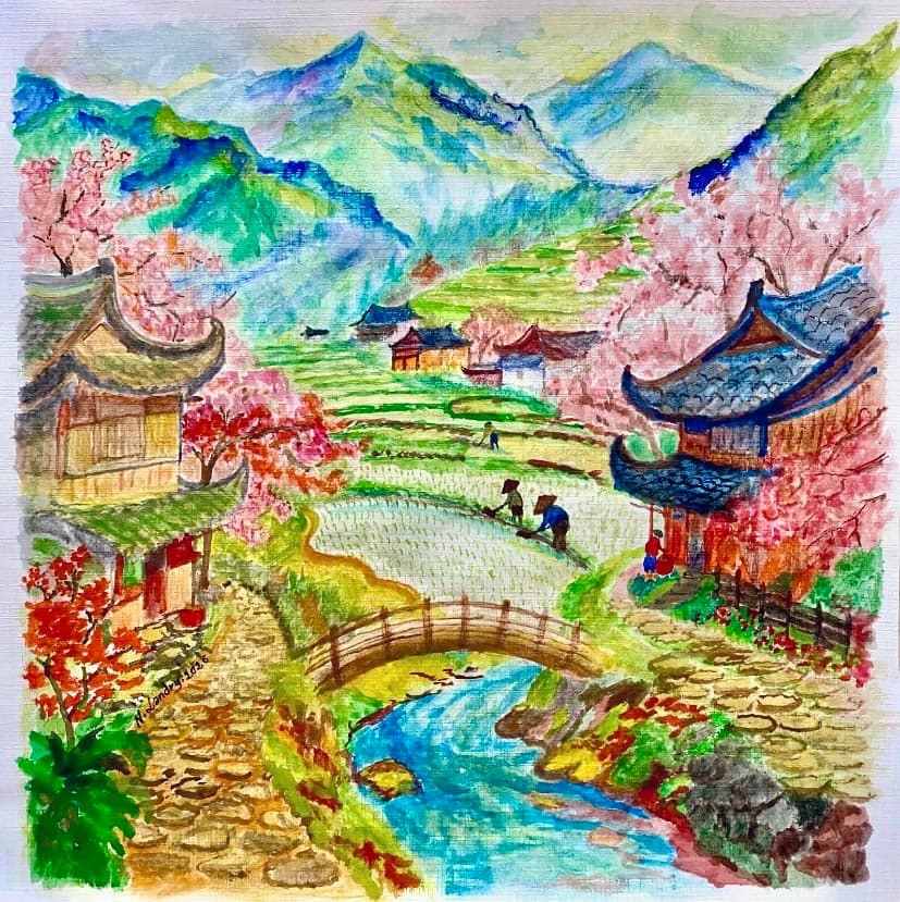 Mountain Village in Cherry Blossom Season
