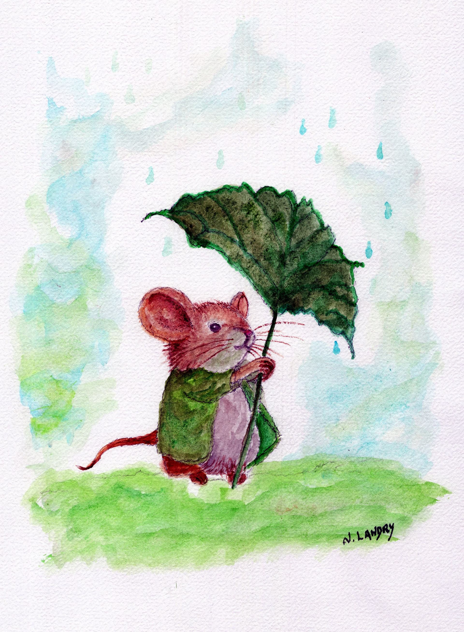 Mouse with Leaf Umbrella in Rain