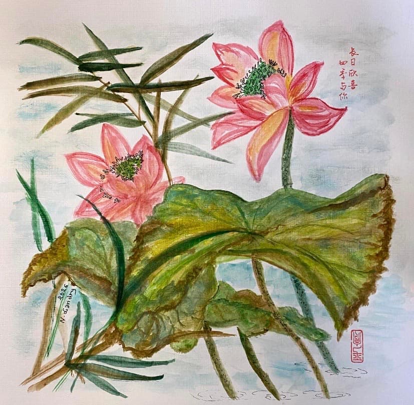 Pink Lotus Blossoms and Leaves