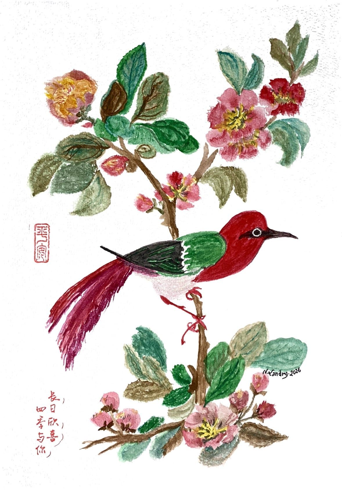 Red and Green Bird among Pink Blossoms