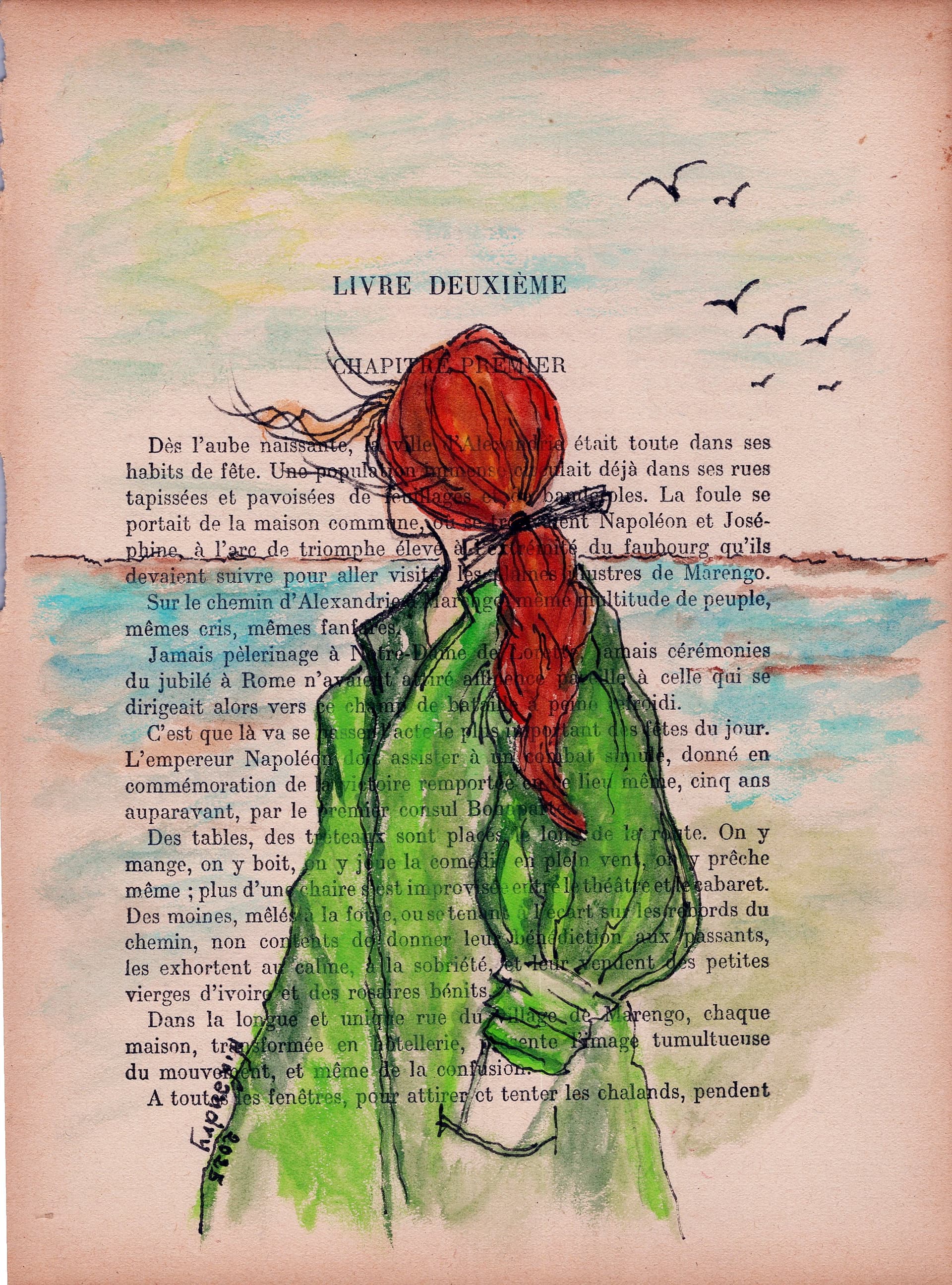 Red-Haired Girl Watching Birds on Book Page