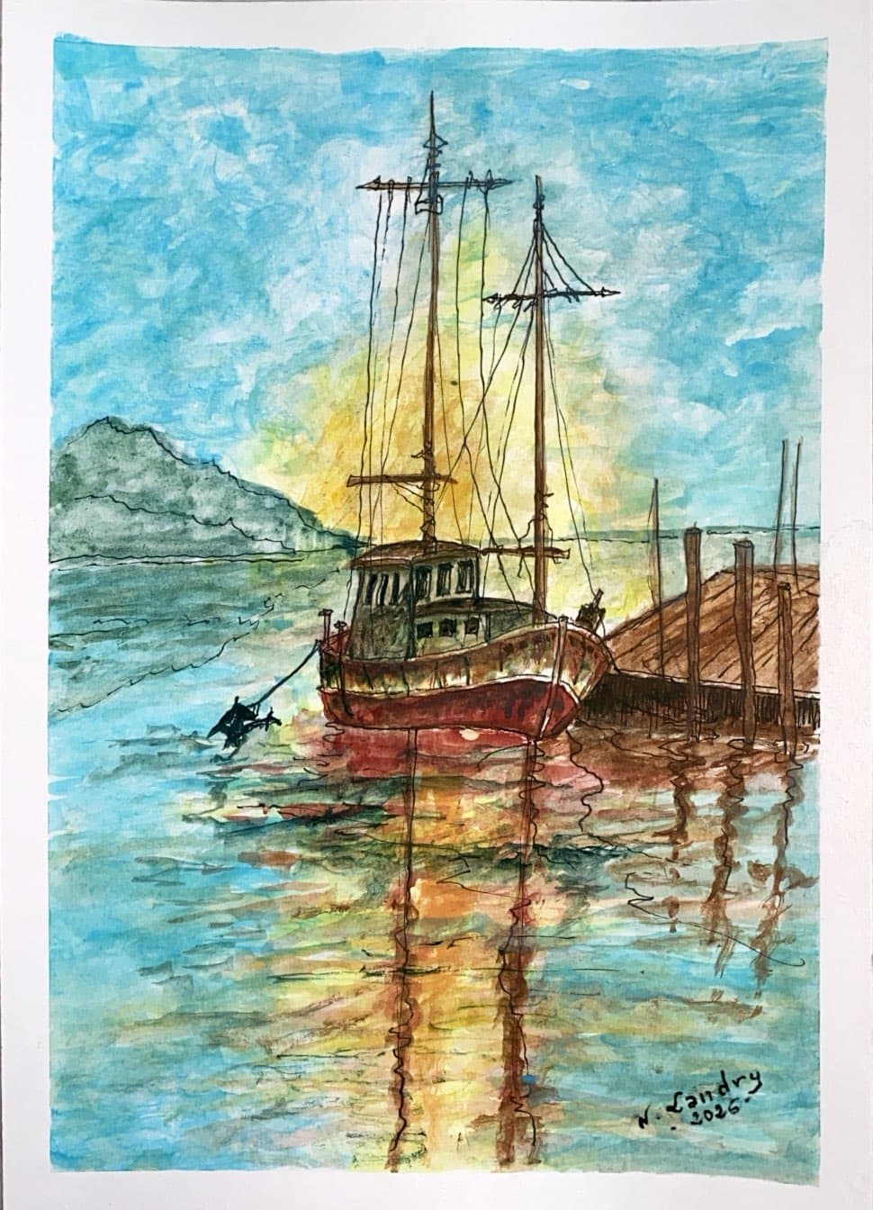 Red-Hulled Boat in a Turquoise Harbor
