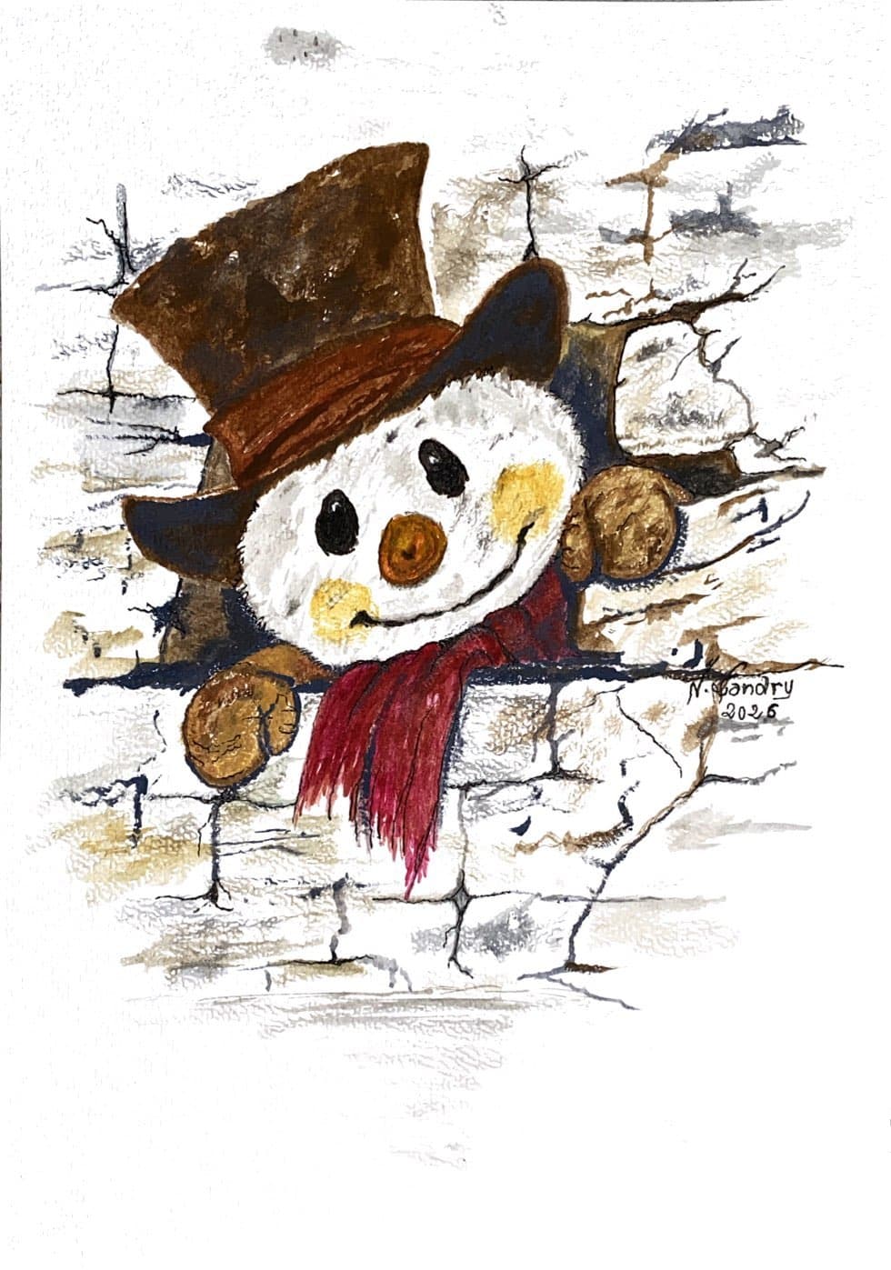Snowman Peeking through a Wall