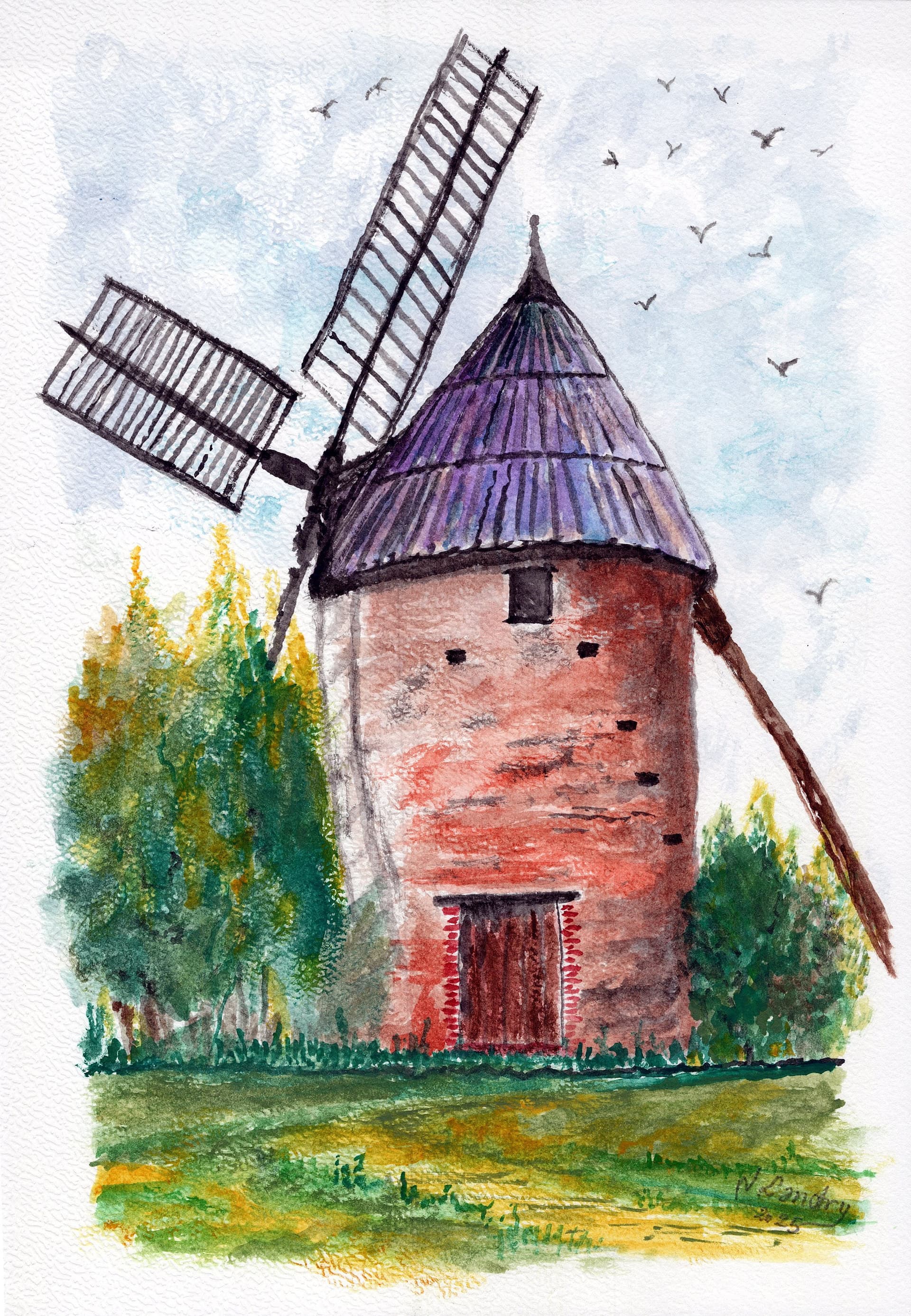 Stone Windmill with Purple Roof