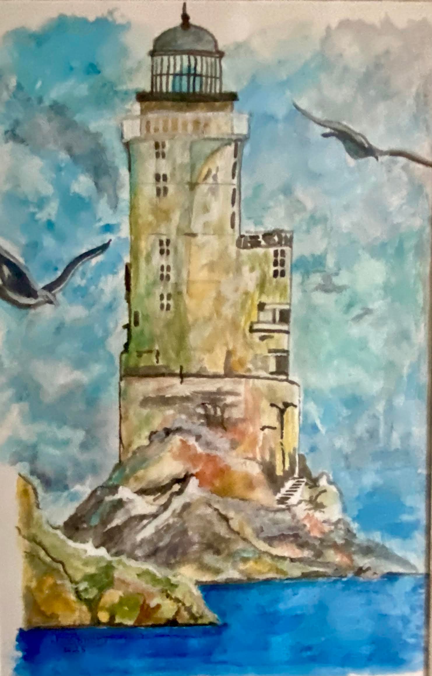 Tall Lighthouse on Rocky Island with Seagulls