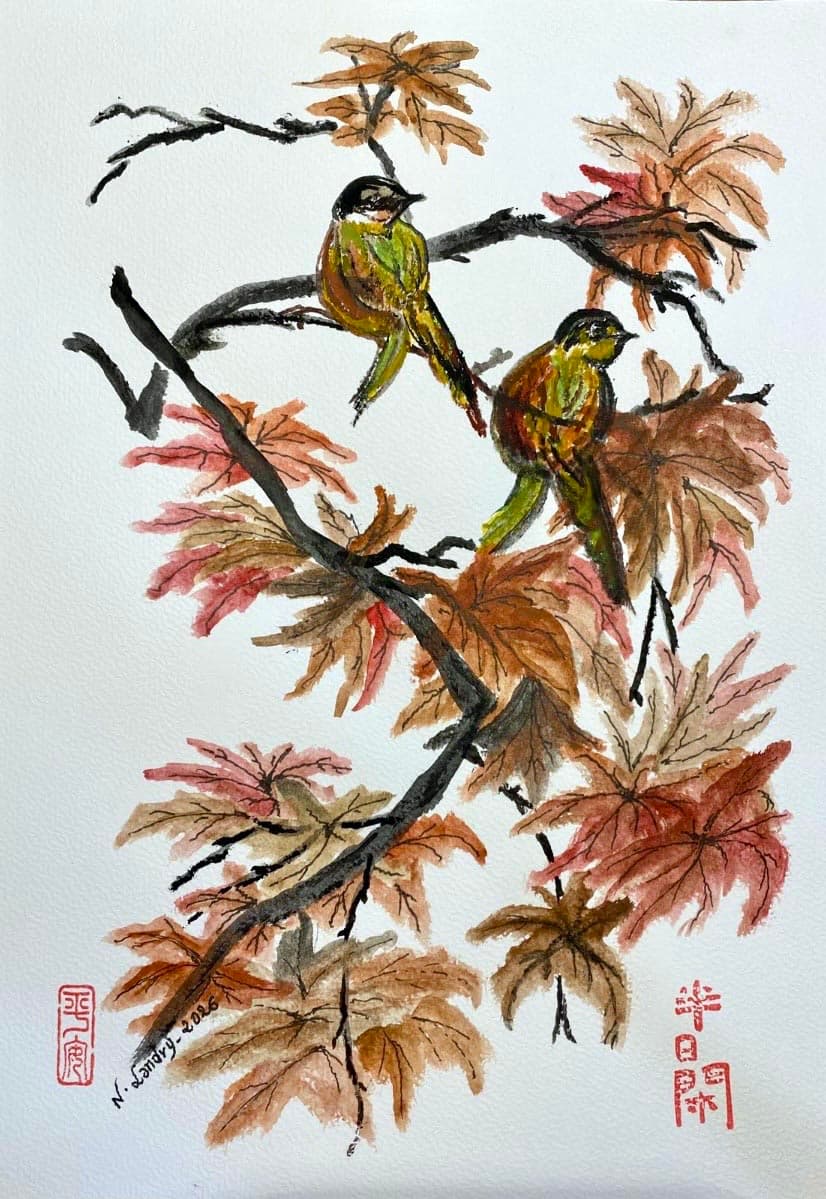 Two Birds on an Autumn Maple