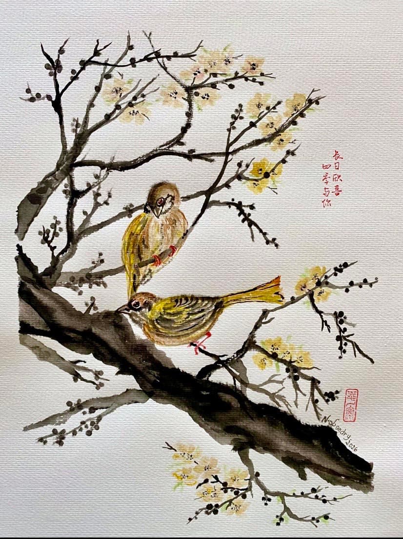 Two Birds on a Yellow Blossom Branch