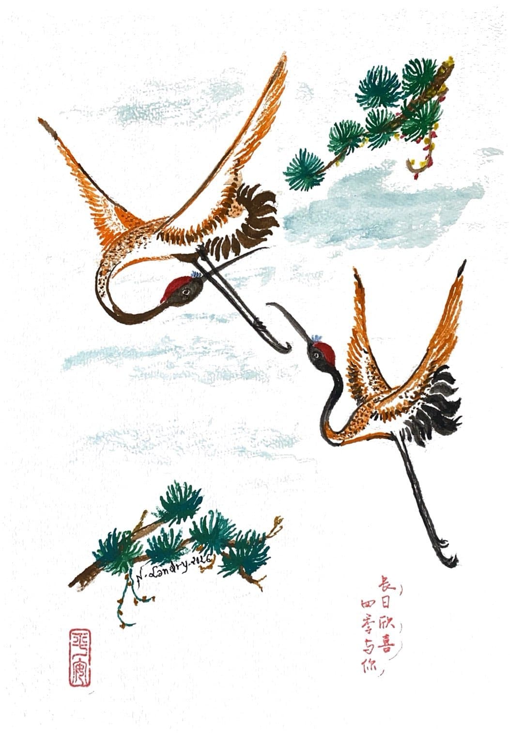 Two Cranes among Pine Branches