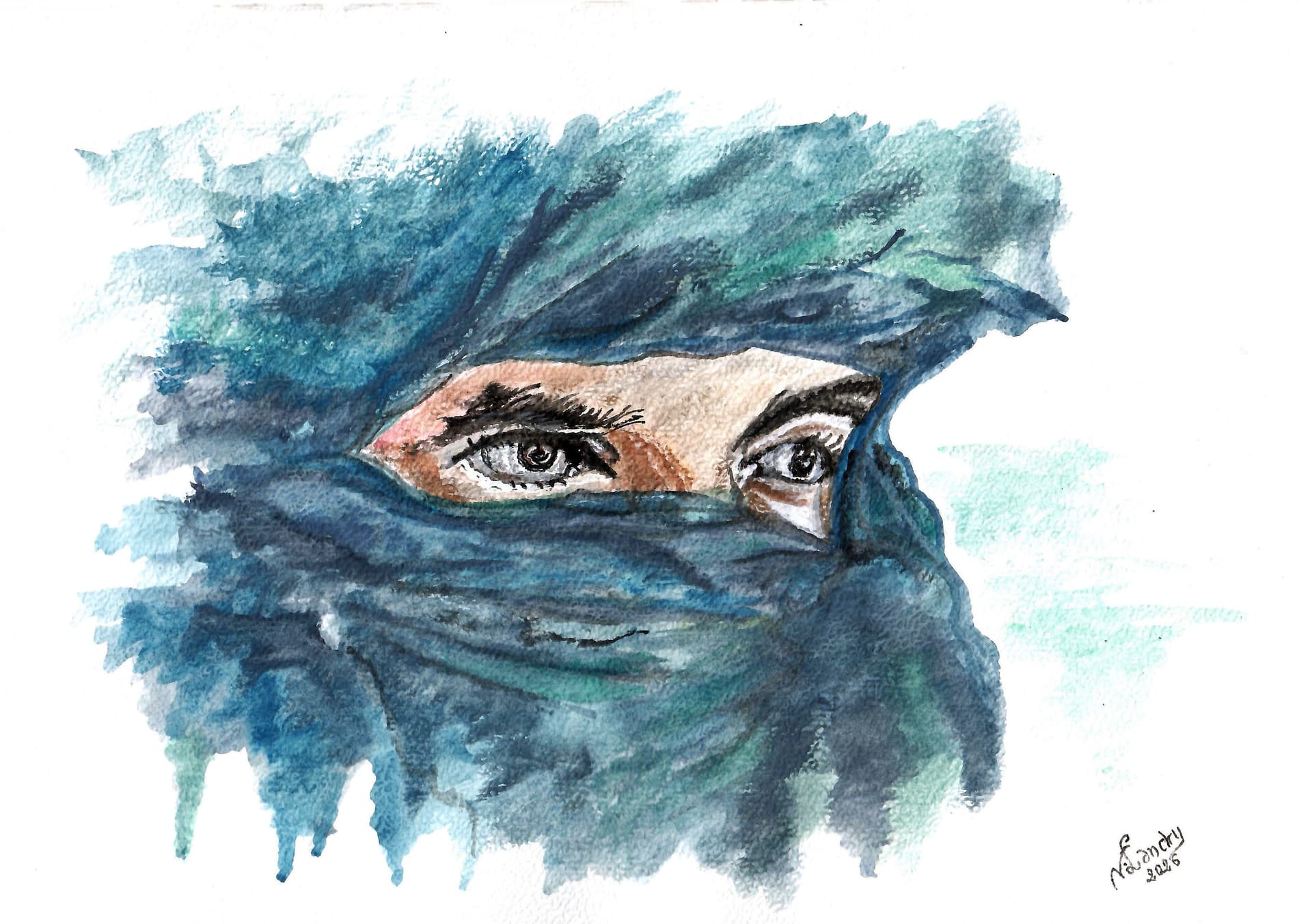 Veiled Woman in Blue Scarf