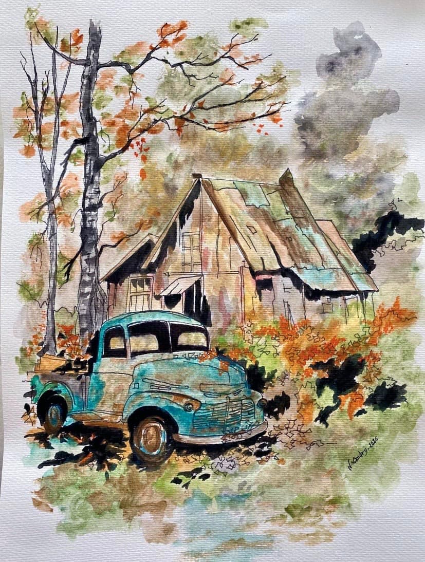 Vintage Truck by a Rustic Cottage