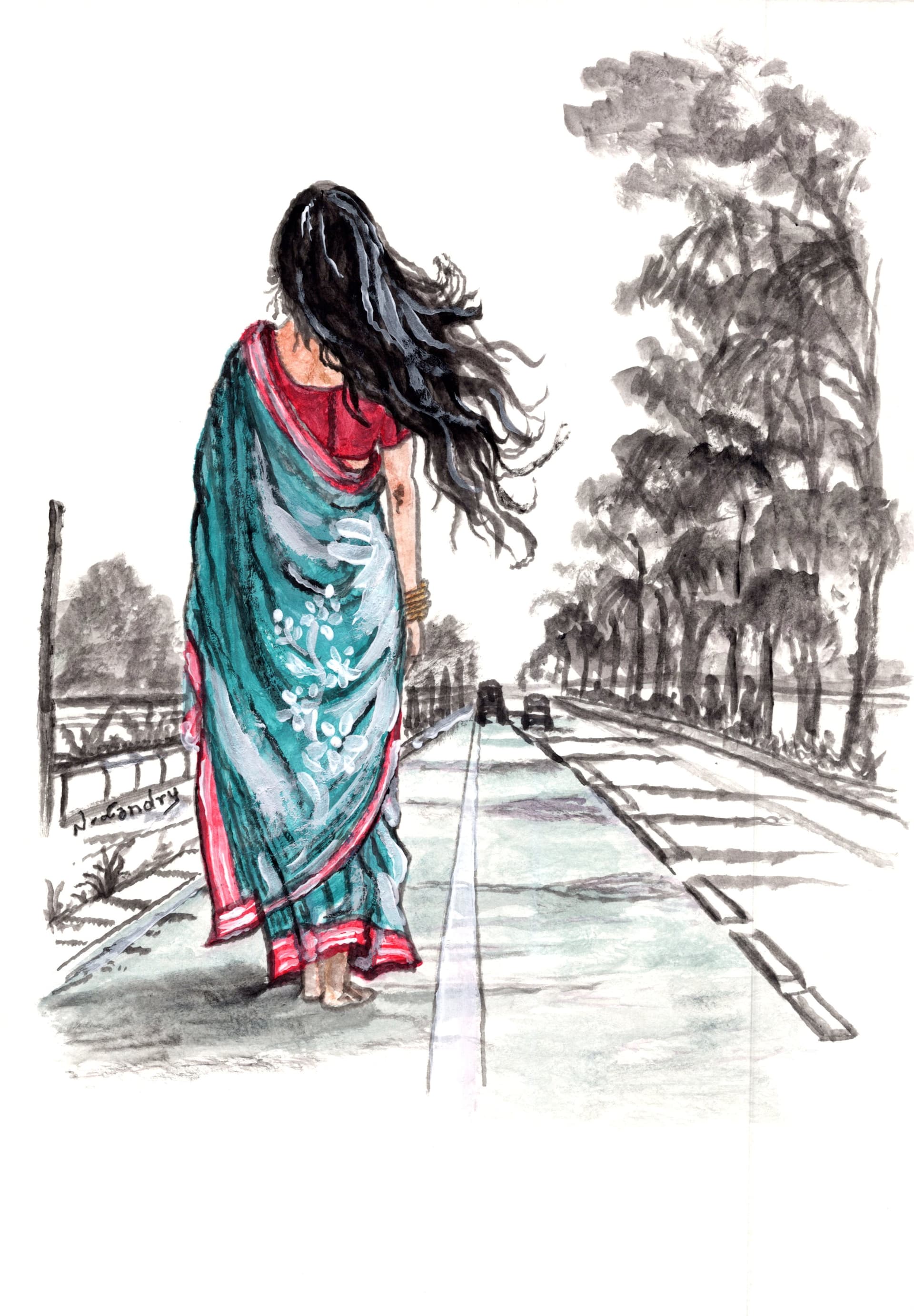 Woman in Blue Sari on Tree Path