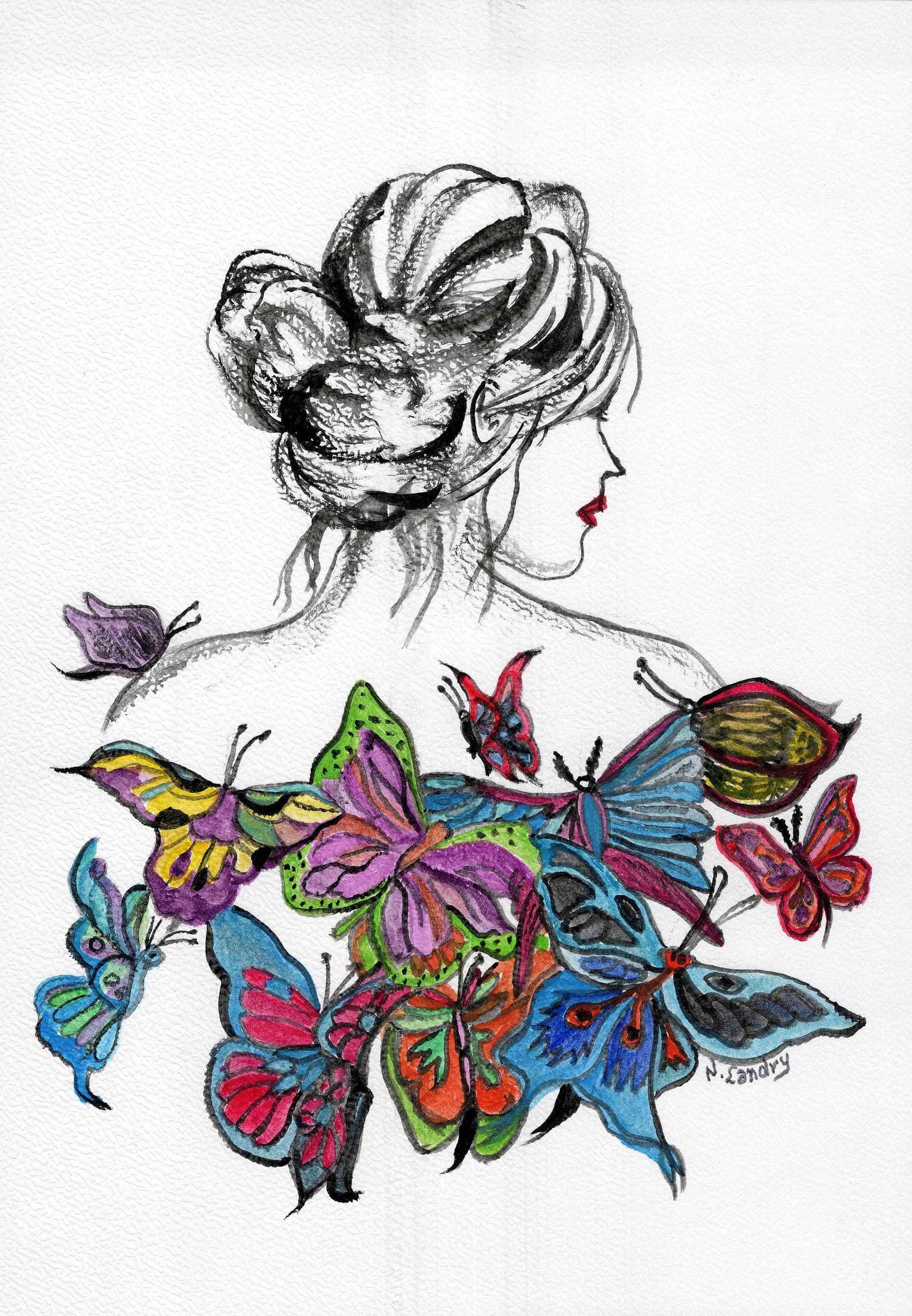 Woman Profile with Colorful Flowers and Butterflies