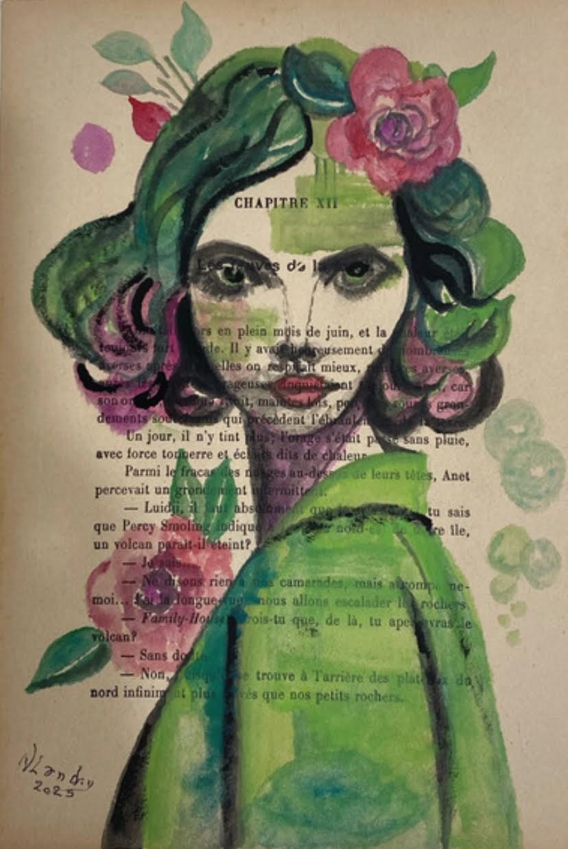 Woman in Green Dress with Flowers