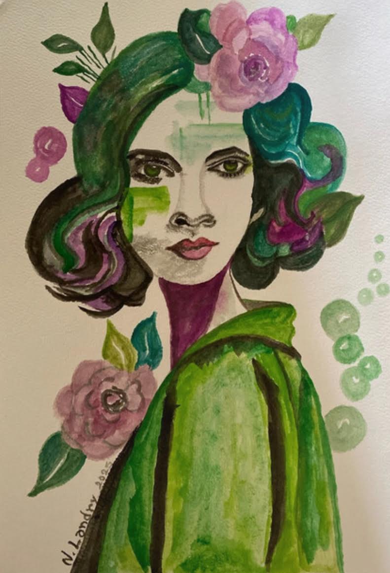 Woman in Green Dress with Flowers Portrait