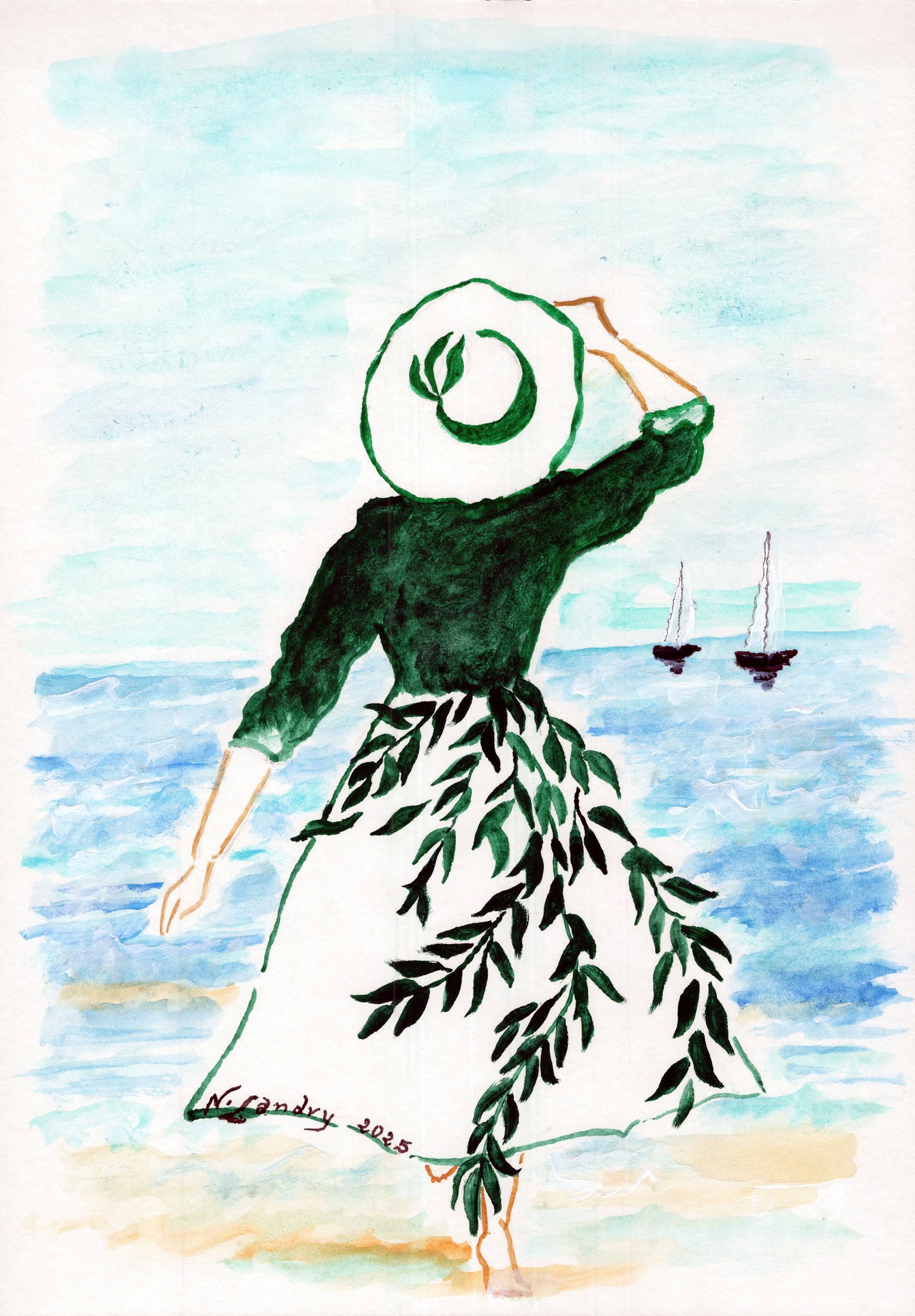 Woman in Green Dress at Seaside