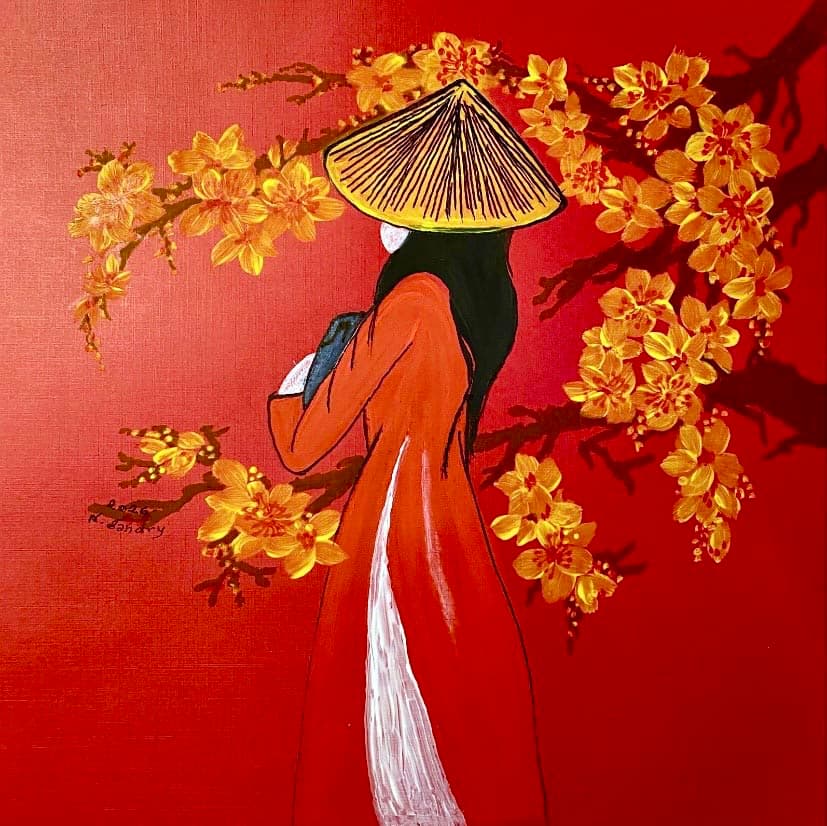 Woman in Red Áo Dài among Yellow Blossoms